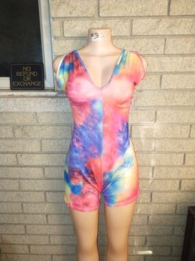 Women's Tie-Dye V-Neck Short Pajama Romper - Rainbow Colors